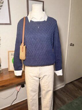 Gap Cable Knit Sweater XL Dusty Blue Honeycomb Crew Neck Cotton Blend